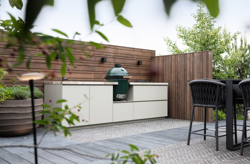 modern outdoor kitchen with kamado barbecue