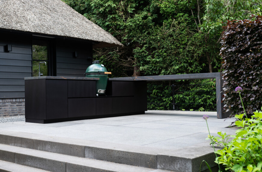 exceptional outdoor kitchen with green egg barbecue